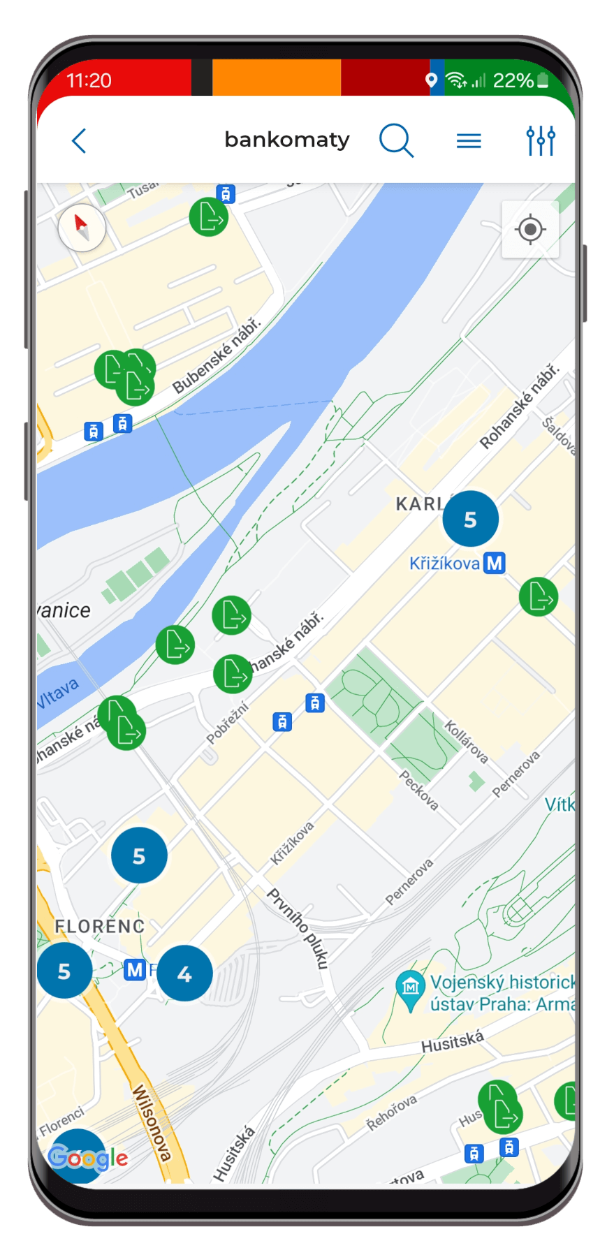 Mapa bankomatů v appce mBank