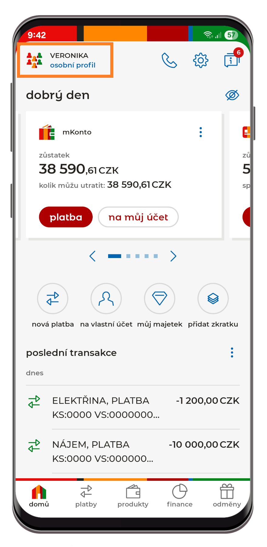Krok 1: zobrazení obrazovky z mobilní aplikace – přechod do části Panel klienta