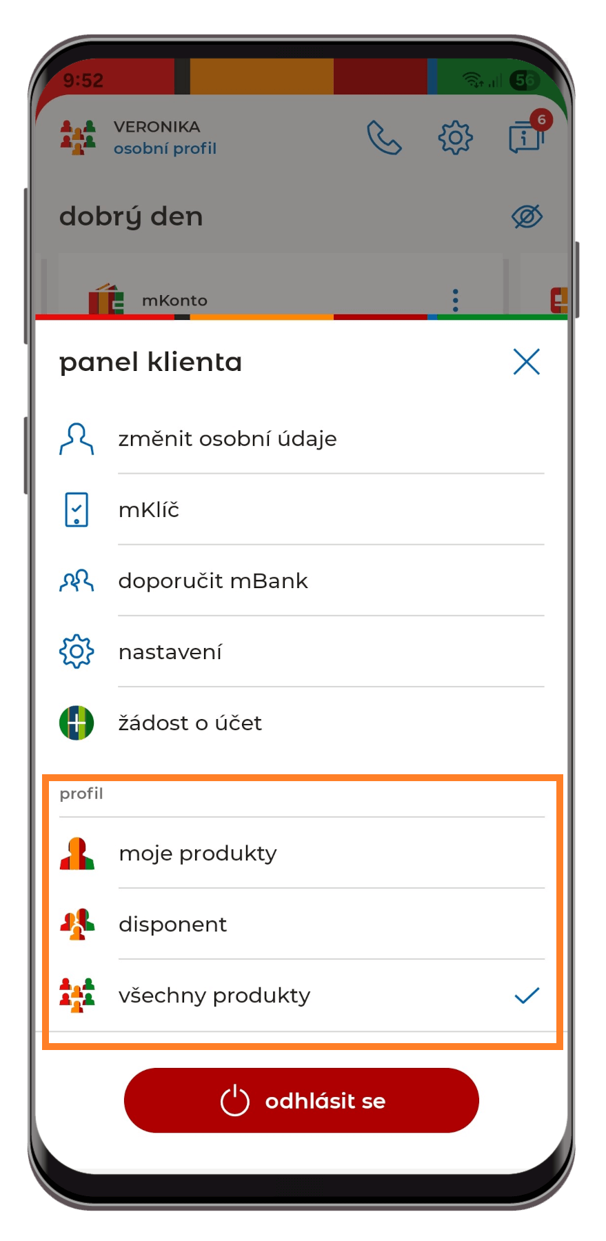 Krok 2: zobrazení obrazovky z mobilní aplikace – výběr produktů